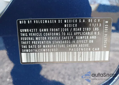 2014 Volkswagen Jetta 1.8T Se z USA, uszkodzony, nr VIN 3VWD07AJ2EM392837